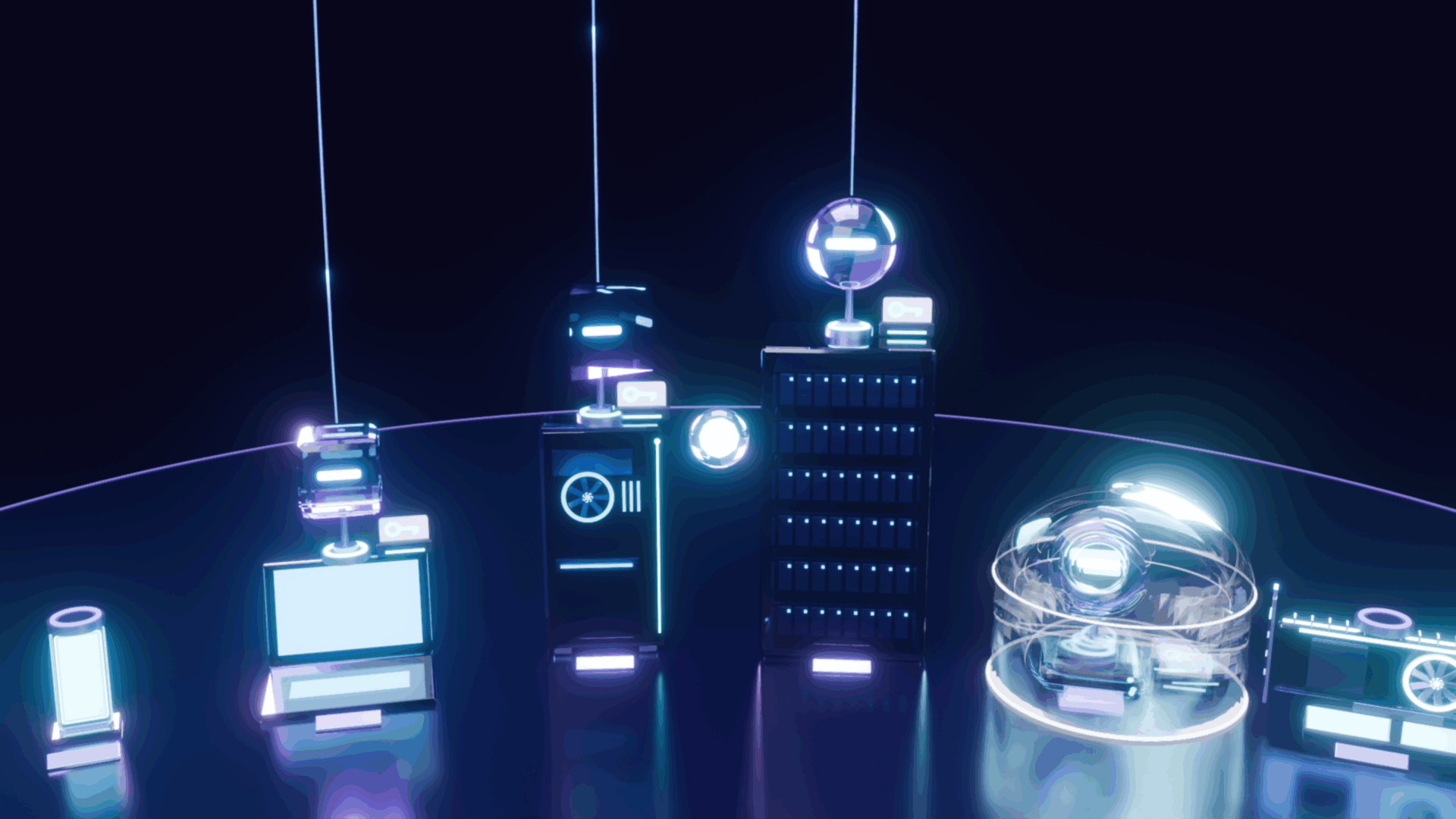 Four agent heads of different shapes plug into the same round socket on their machines, each beside a reader holding a key-card, while a closed glass bell seals the local model on the mini computer with no cable out.