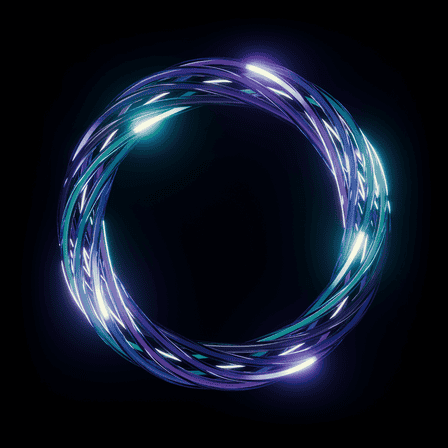 The OmniConflux Confluence mark: seven glass strands, each carrying its own light, braided into one ring.