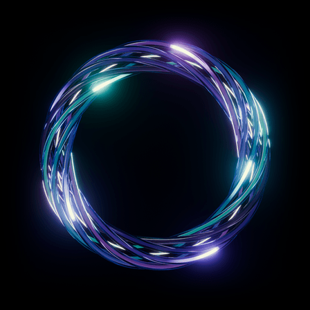 The OmniConflux Confluence mark: seven glass strands, each carrying its own light, braided into one ring.