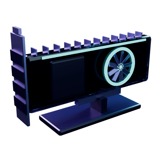 A graphics card on its edge with one fan and a mounting bracket