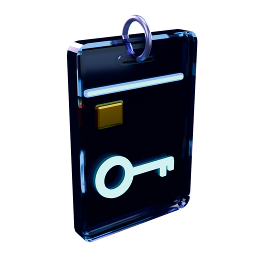 A violet glass key-card on a ring, with a lit key emblem and chip
