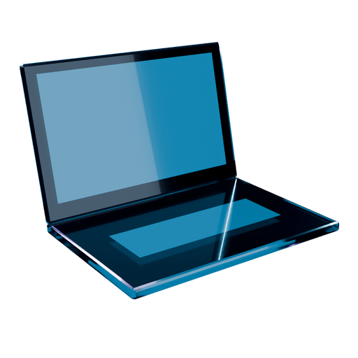 An open laptop in dark glass, its screen lit cyan
