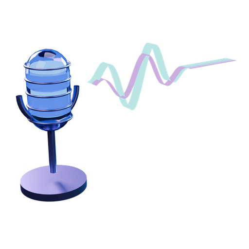 A studio microphone with a glowing waveform ribbon flowing out of it
