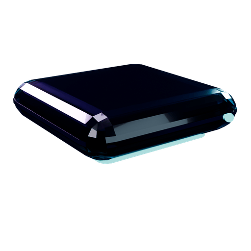 A small square mini PC in dark glass with one status light