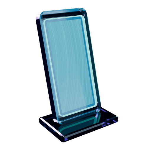 A phone on a small stand, its screen lit cyan