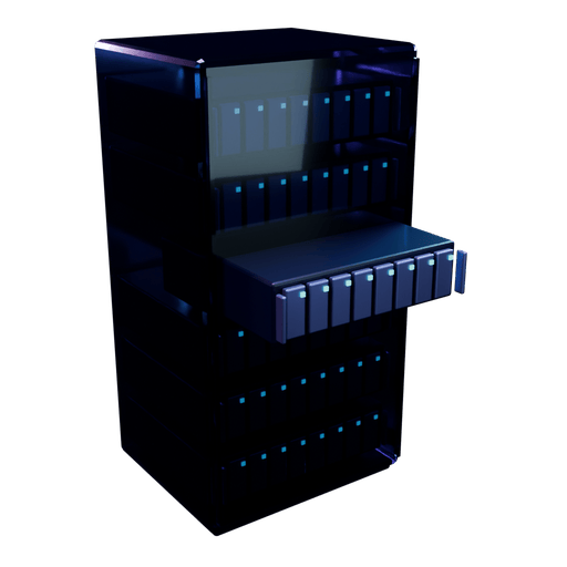 A server rack of six units with lit drive bays, one unit slid out like a drawer