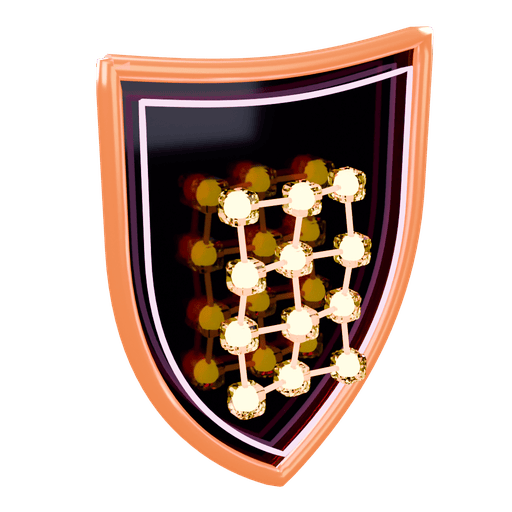 A shield in the Solar colours holding a lattice of linked systems, lit gold