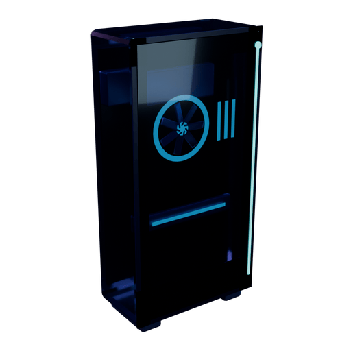 A desktop tower with a lit side window, fan and graphics card inside